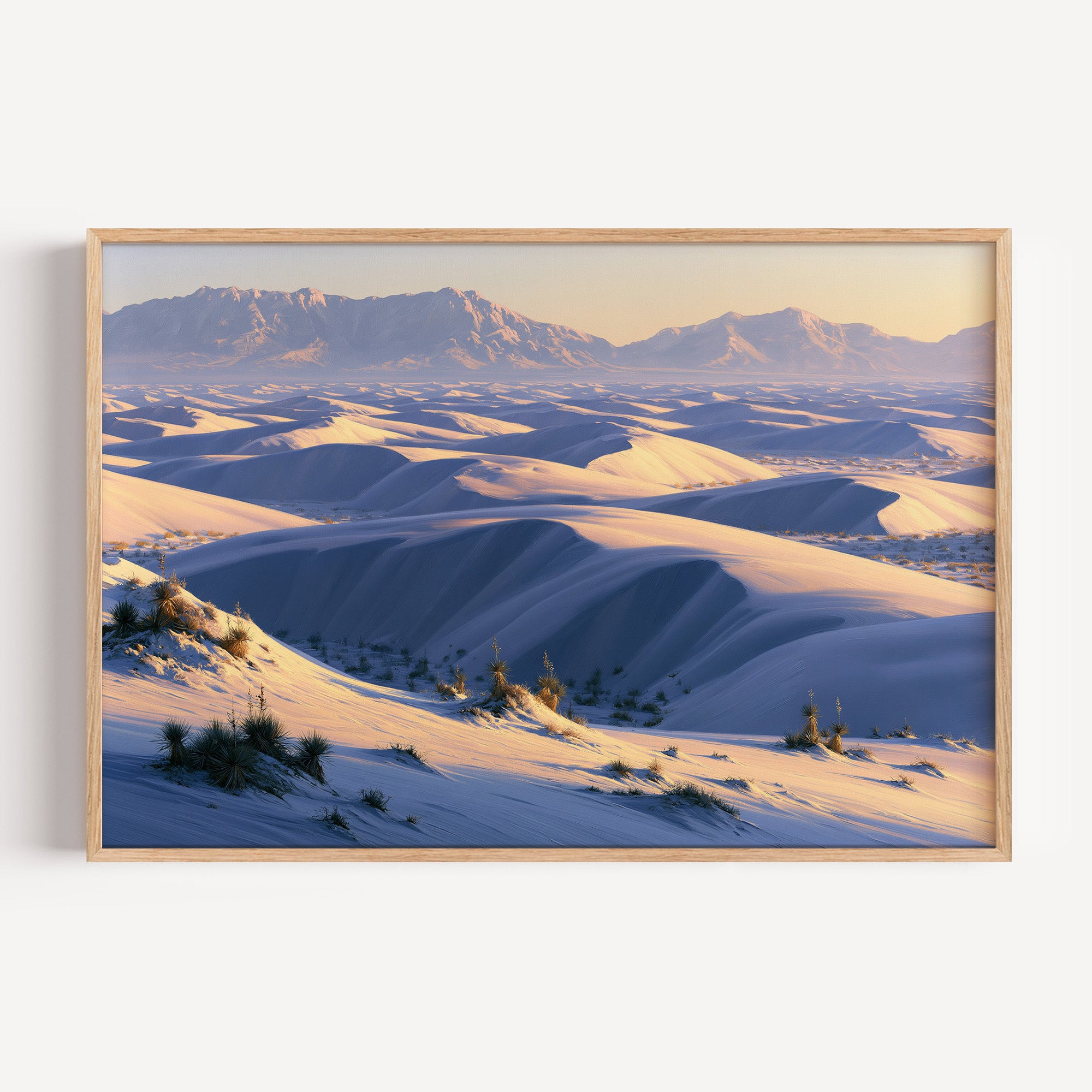 White Sands classical oil painting print in an oak frame: white gypsum dunes at first light