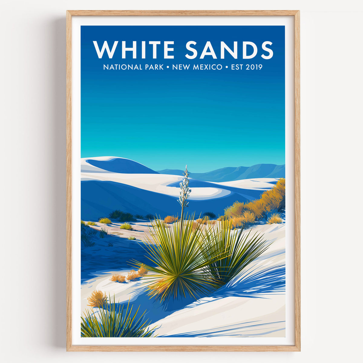 White Sands National Park mid-century modern art print — brilliant white gypsum dunes throwing cobalt shadows