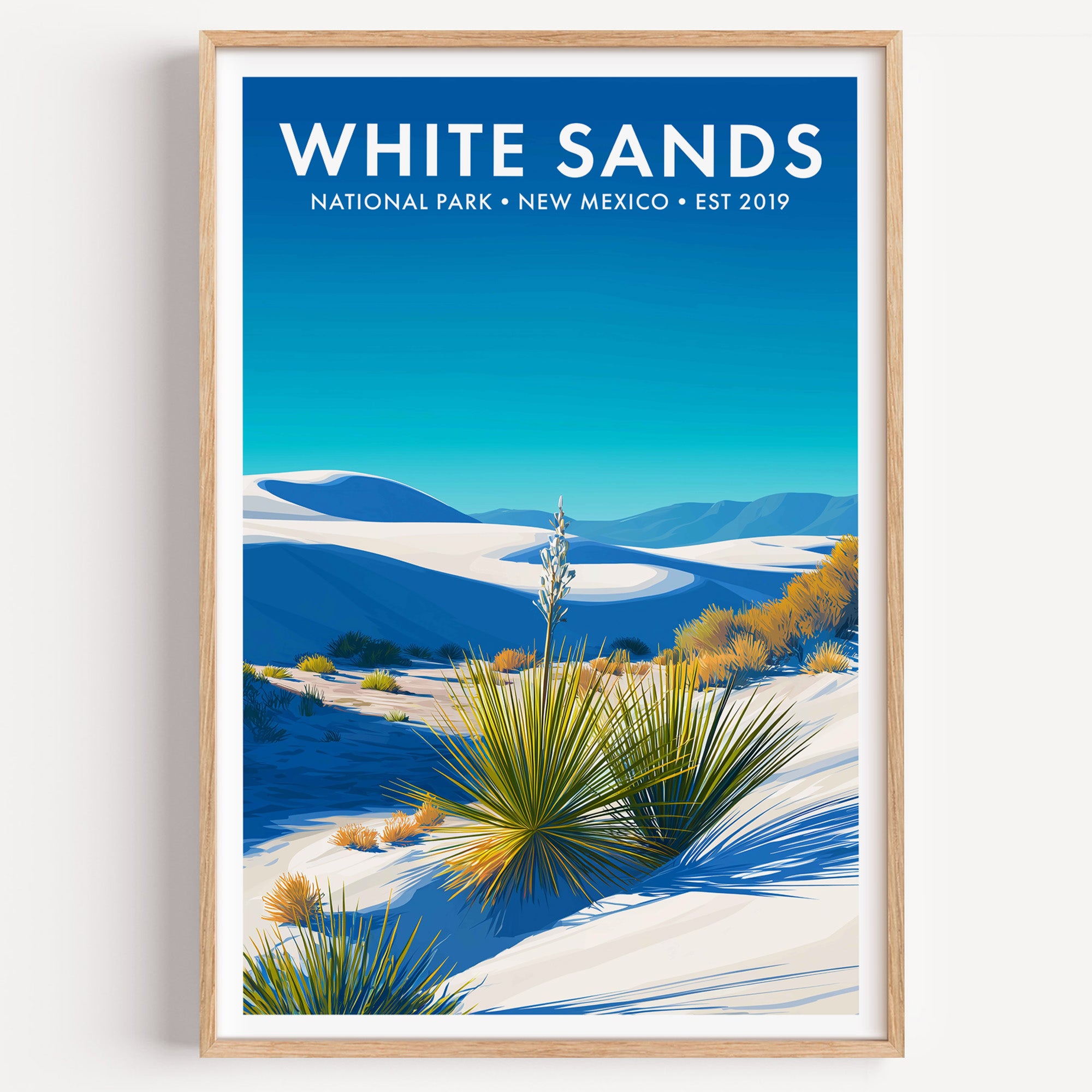 White Sands National Park mid-century modern art print — brilliant white gypsum dunes throwing cobalt shadows