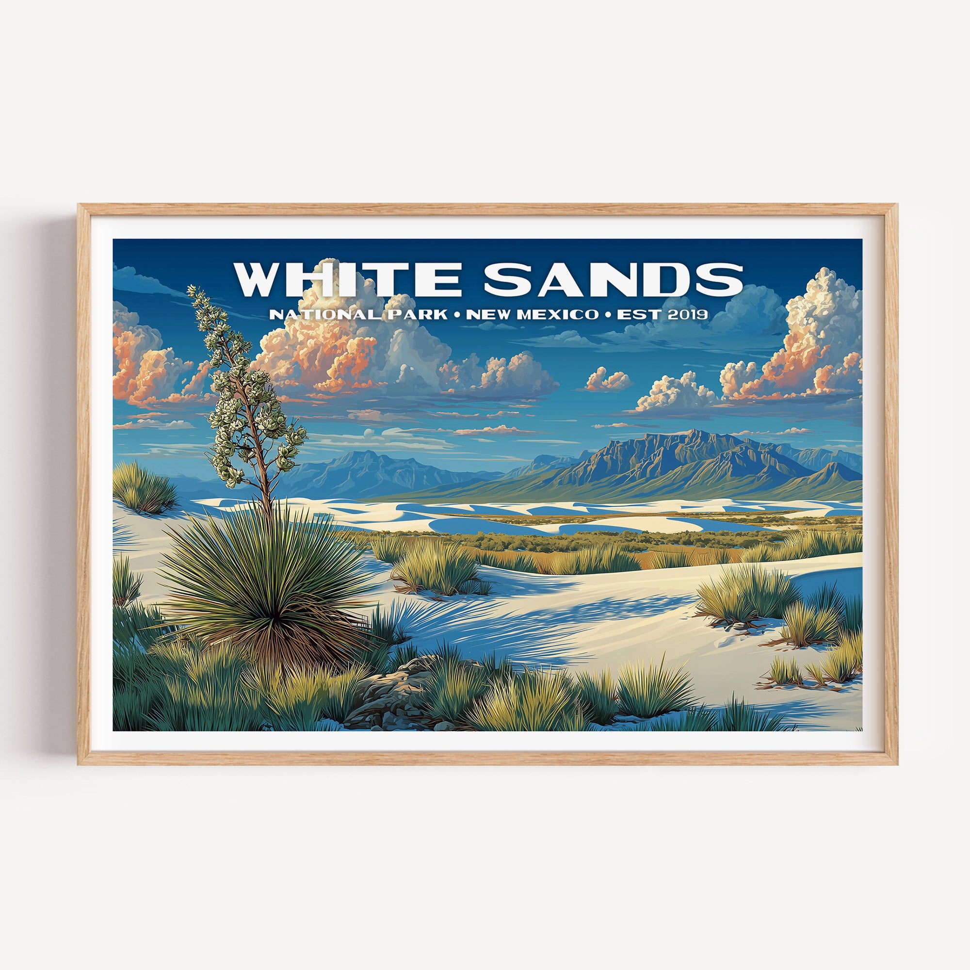 A blooming soaptree yucca on white gypsum dunes below the San Andres mountains — White Sands National Park vintage WPA travel poster print