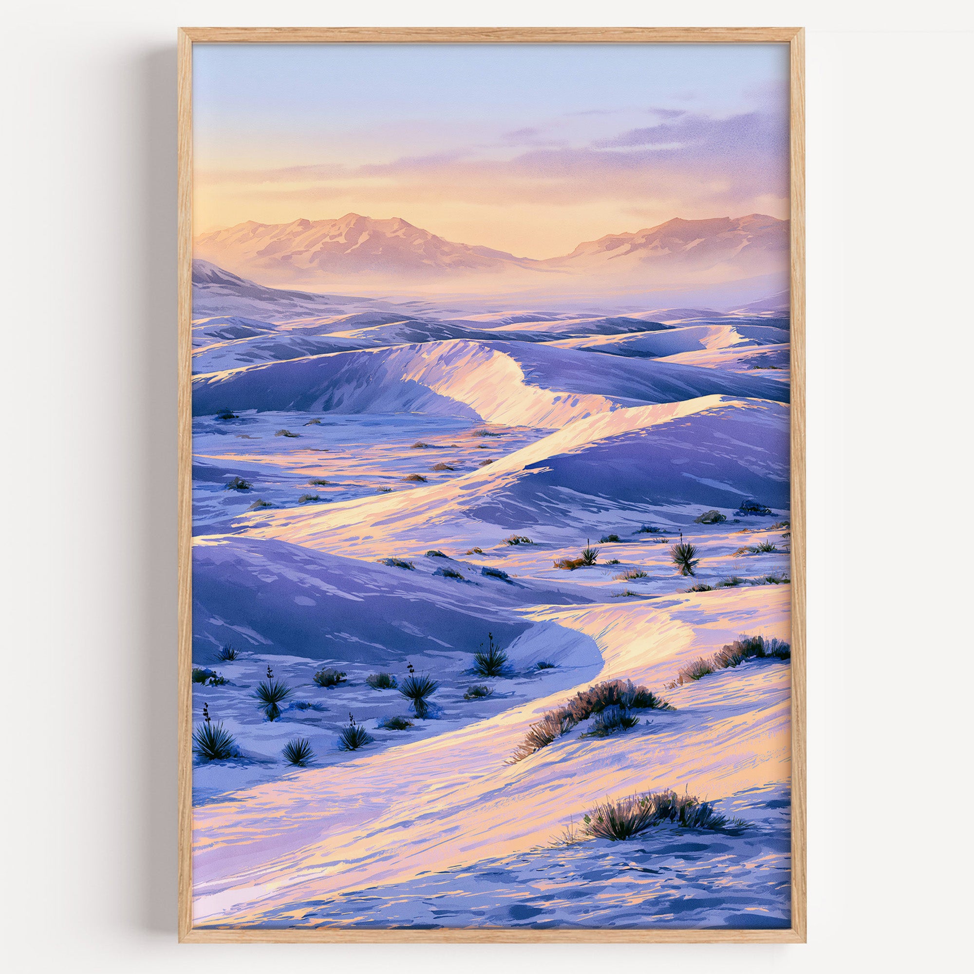 White Sands National Park watercolor art print: white gypsum dunes in gold and lavender light at sunset
