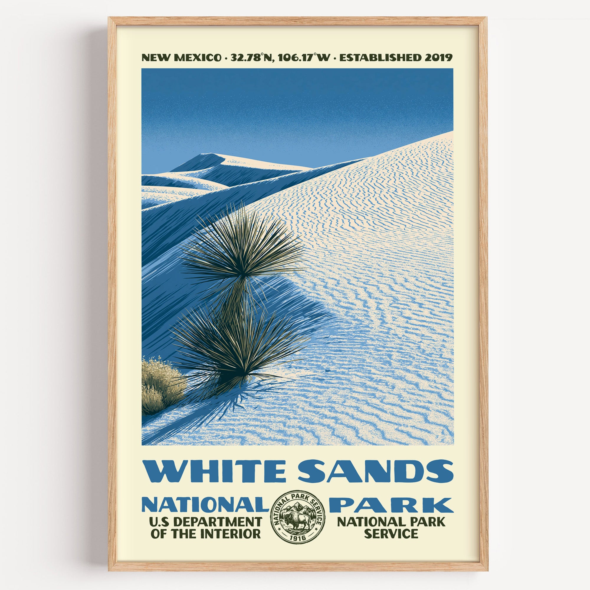 White Sands National Park vintage WPA poster in a wood frame, a soaptree yucca on rippling white gypsum dunes