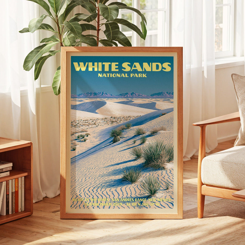 White Sands vintage poster in oak, leaning by a sunlit window with sheer curtains and a low bookshelf