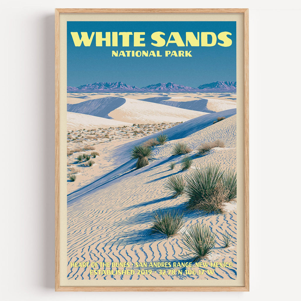 Heart of the Dunes White Sands National Park vintage poster in a light oak frame on a plain white wall