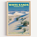 Heart of the Dunes White Sands National Park vintage poster in a light oak frame on a plain white wall