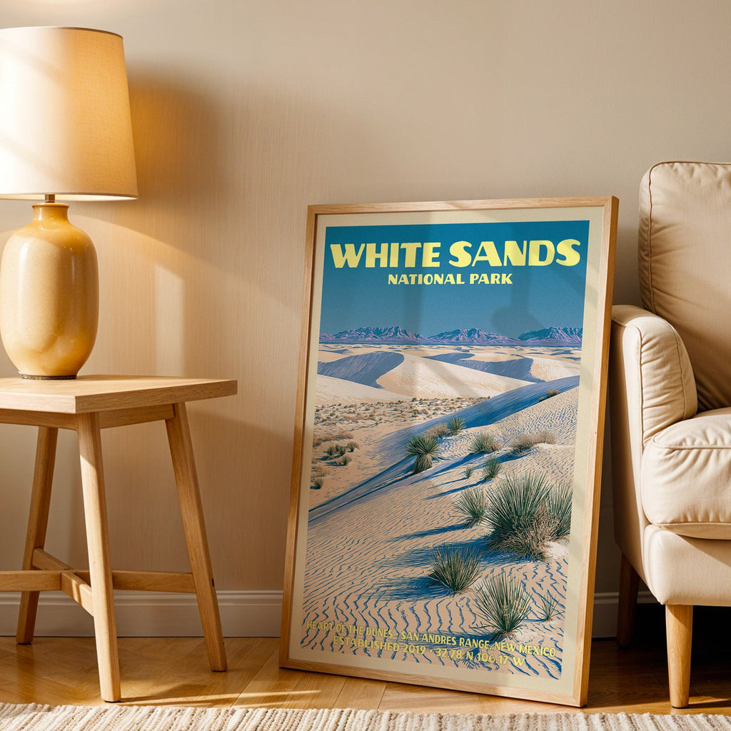 Heart of the Dunes wall art in oak, leaning by a cream armchair and a side table with an ochre lamp