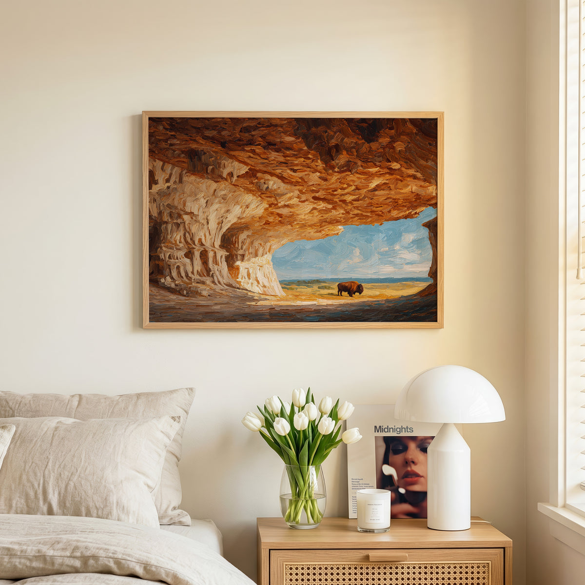 Wind Cave oil painting print in an oak frame leaning against a wall beside a stack of books