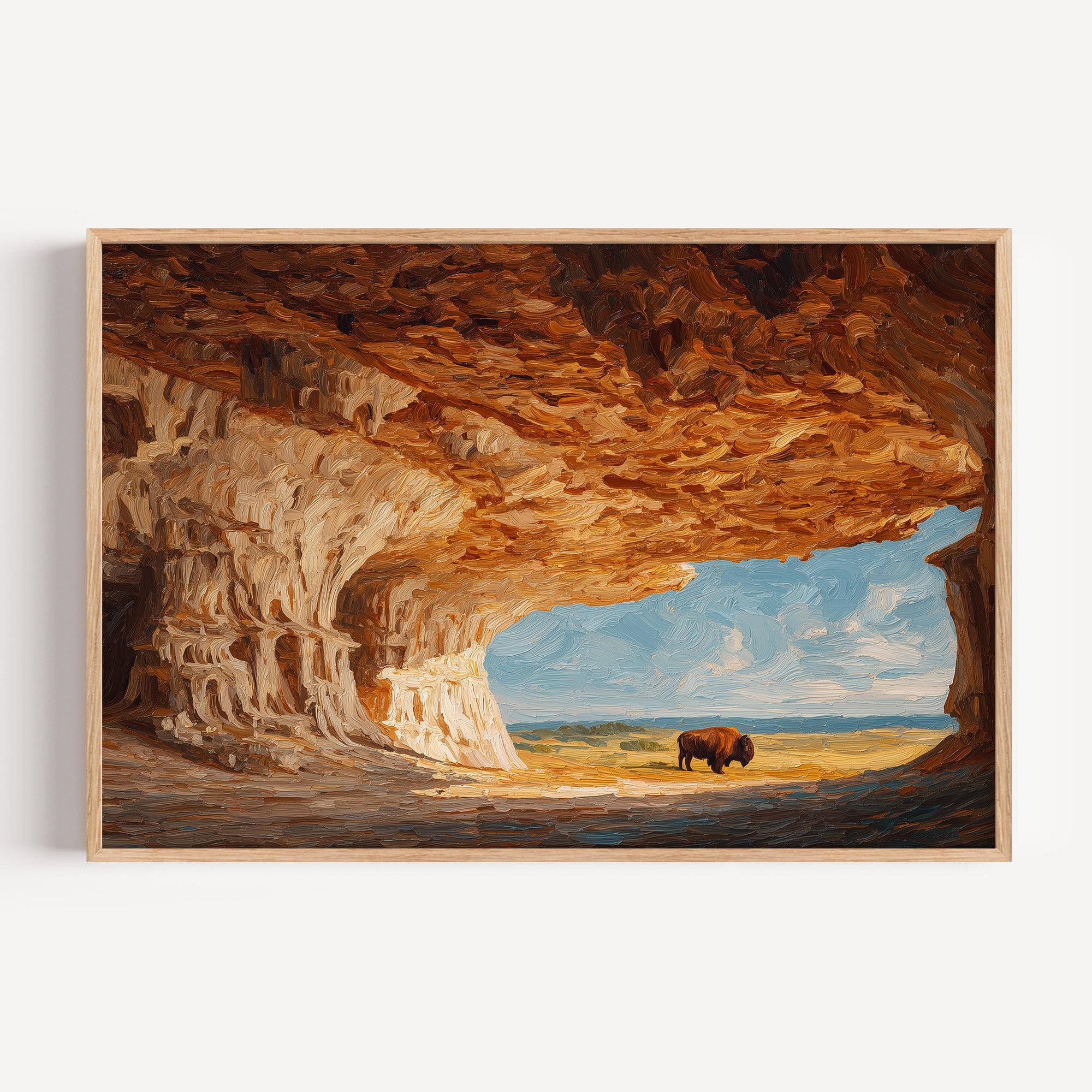 Wind Cave National Park oil painting print in an oak frame: a cave opening framing a lone bison