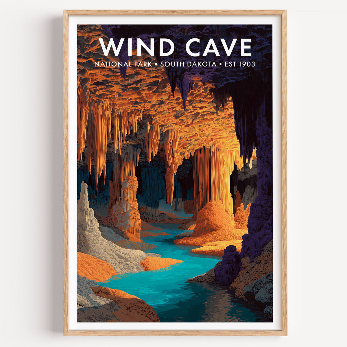 Wind Cave National Park mid-century modern art print — a warm-lit cave chamber crowded with hanging flowstone and boxwork