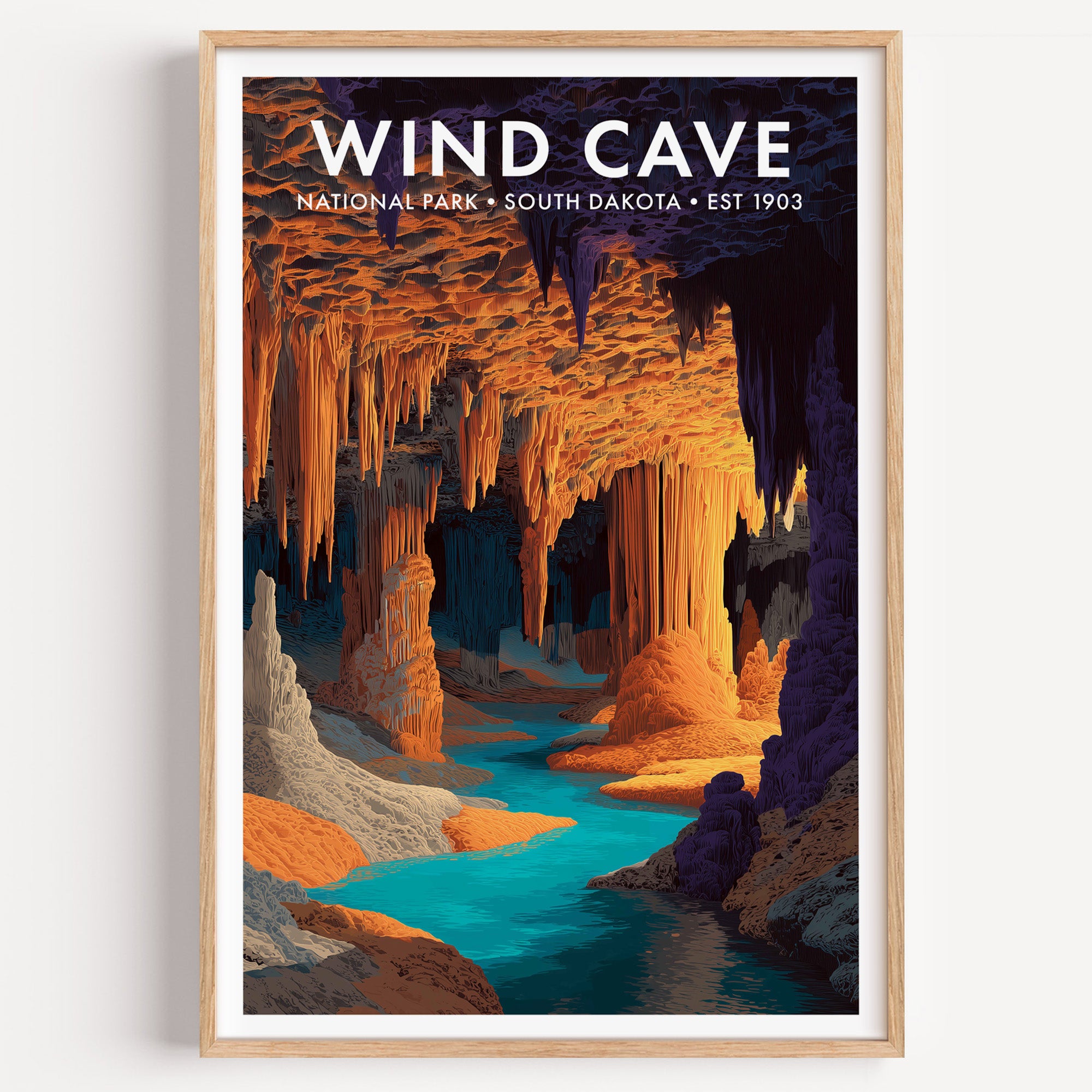 Wind Cave National Park mid-century modern art print — a warm-lit cave chamber crowded with hanging flowstone and boxwork