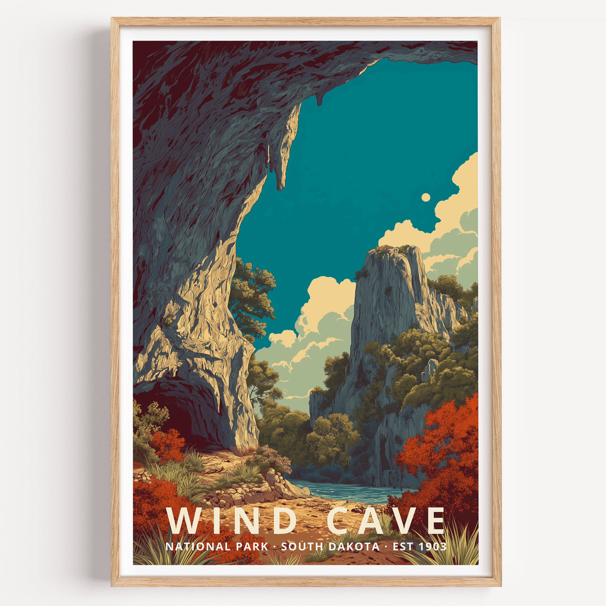 Wind Cave National Park retro travel poster — a limestone cave opening framing rock spires and prairie sky, South Dakota