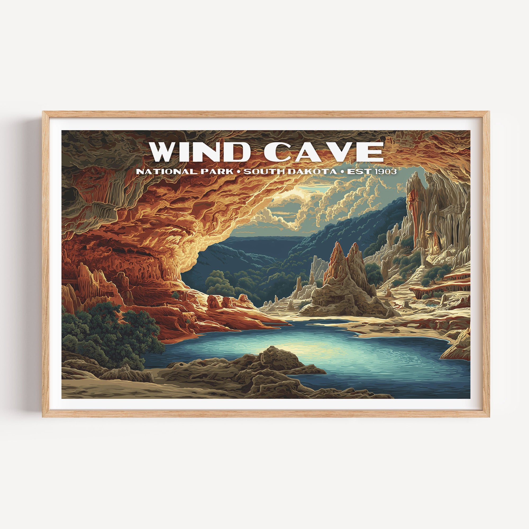 Warm-lit cave formations opening out over a blue pool and the Black Hills beyond — Wind Cave National Park vintage WPA travel poster print