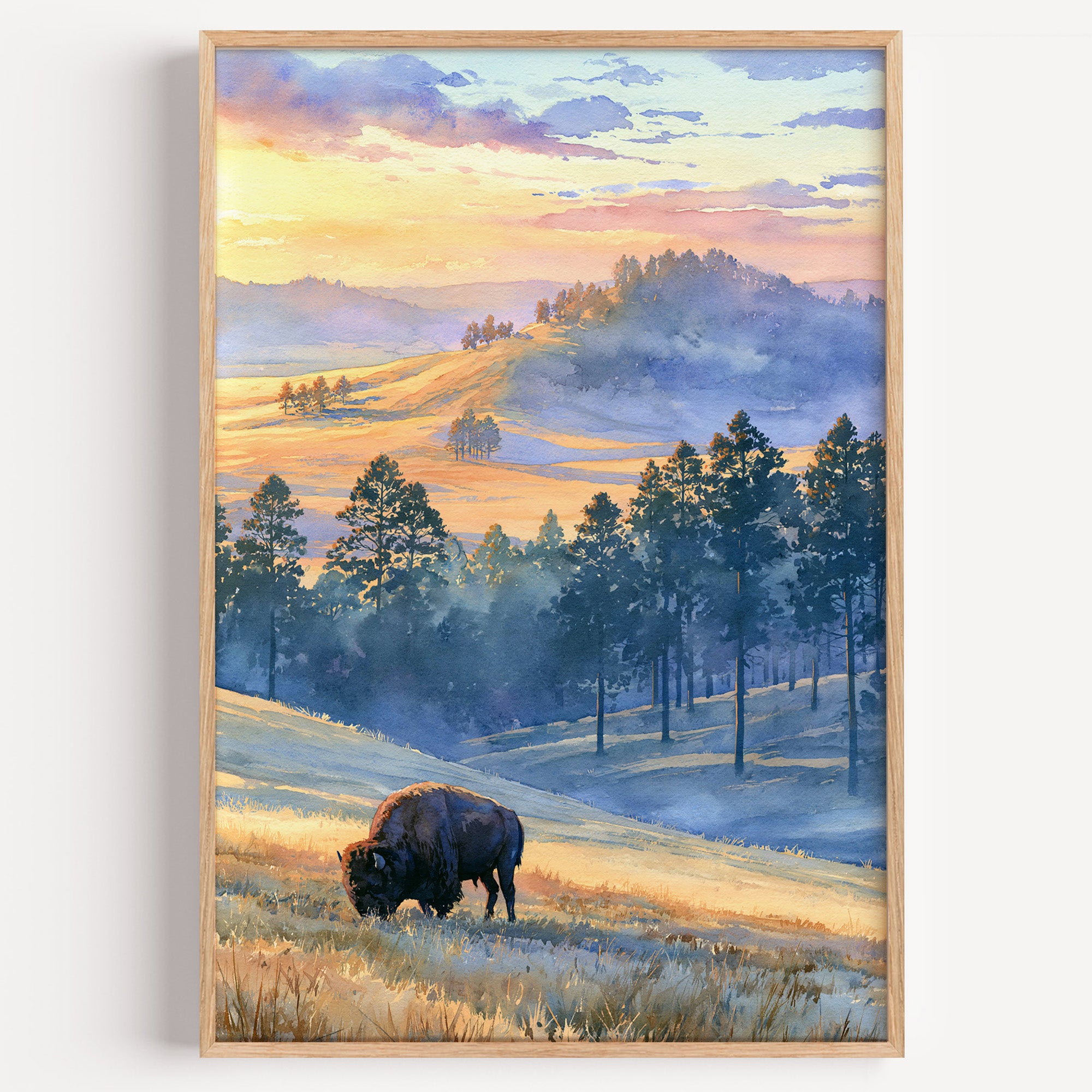 Wind Cave National Park watercolor art print: bison grazing on a golden prairie hillside among ponderosa pines