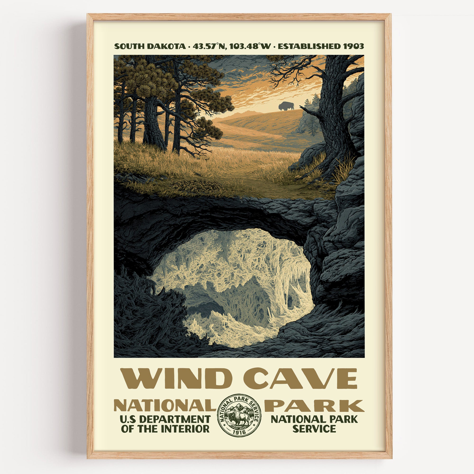 Wind Cave National Park vintage WPA poster in a wood frame, the cave entrance below the prairie