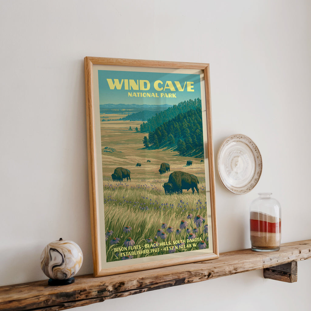 Wind Cave bison prairie print in oak, leaning on a reclaimed wood ledge with a marbled sphere and sand jar