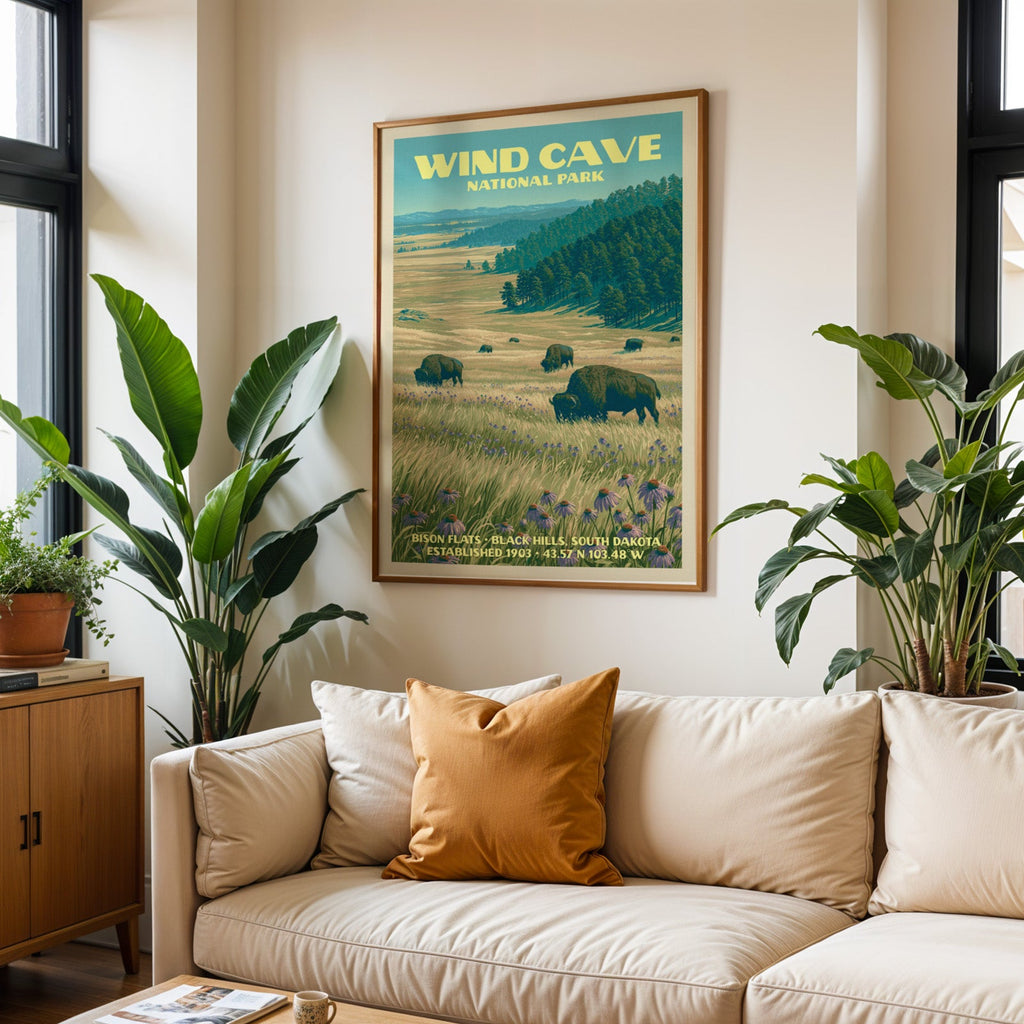Wind Cave vintage travel print in oak above a cream sofa with a rust cushion and tall tropical plants
