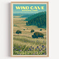 Bison Flats Wind Cave National Park vintage poster in a light oak frame on a plain white wall