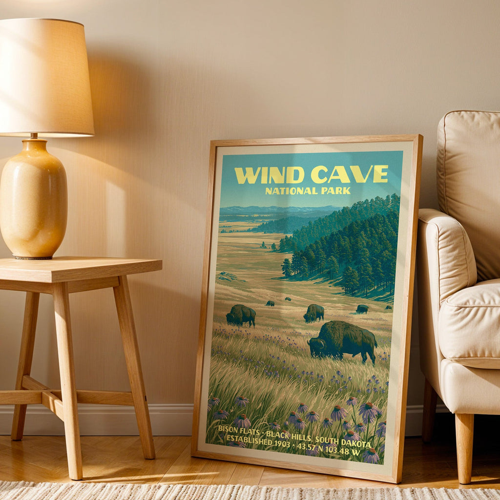 Bison Flats prairie wall art in oak, leaning by a cream armchair and a side table with an ochre lamp