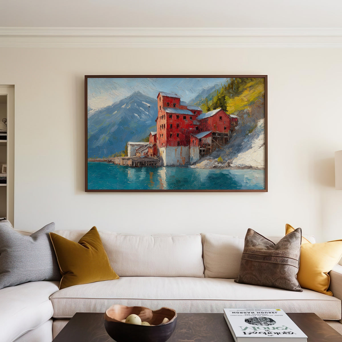 Wrangell-St. Elias oil painting print above a bed in a warm neutral bedroom