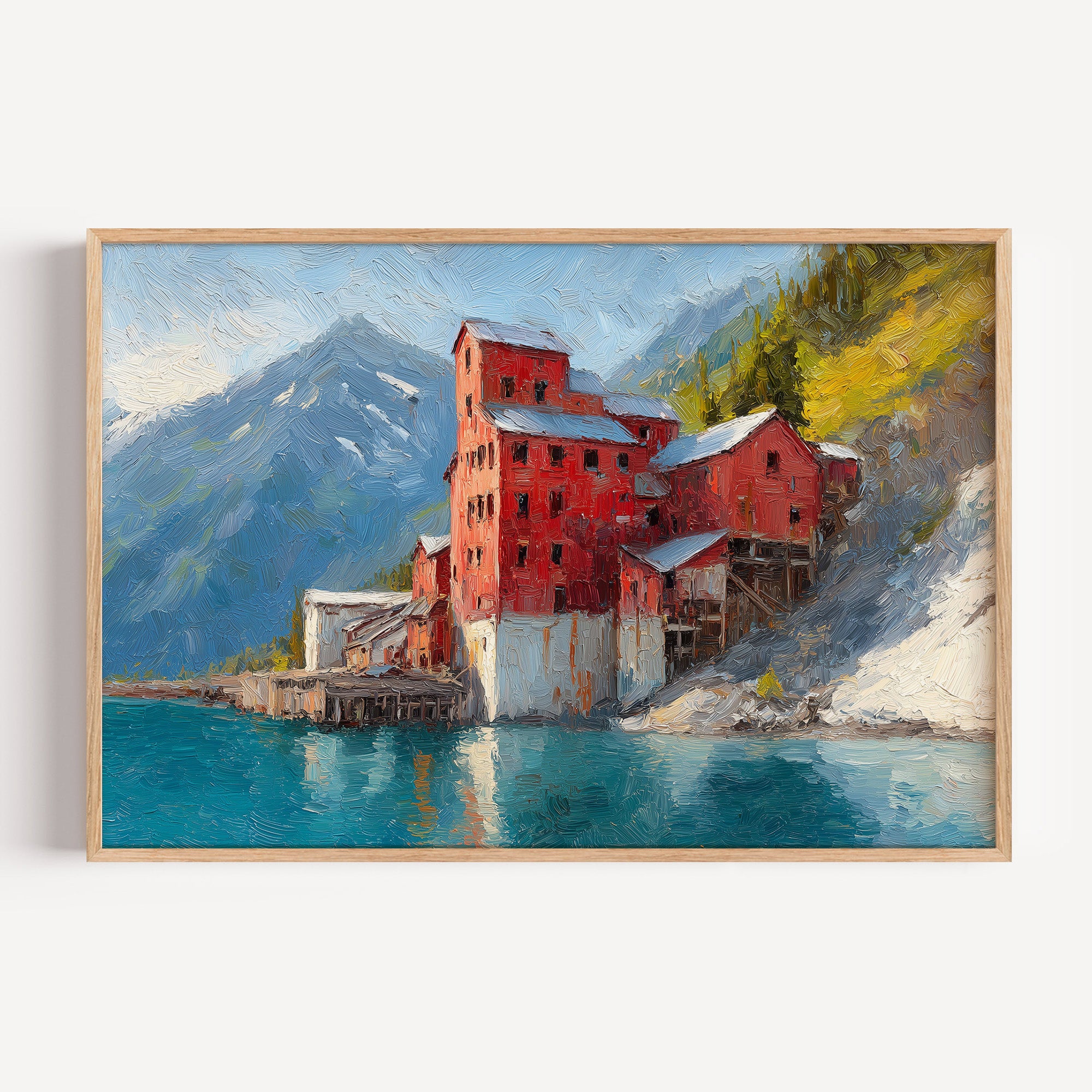 Wrangell-St. Elias oil painting print in an oak frame: the red Kennecott mill below snowy peaks