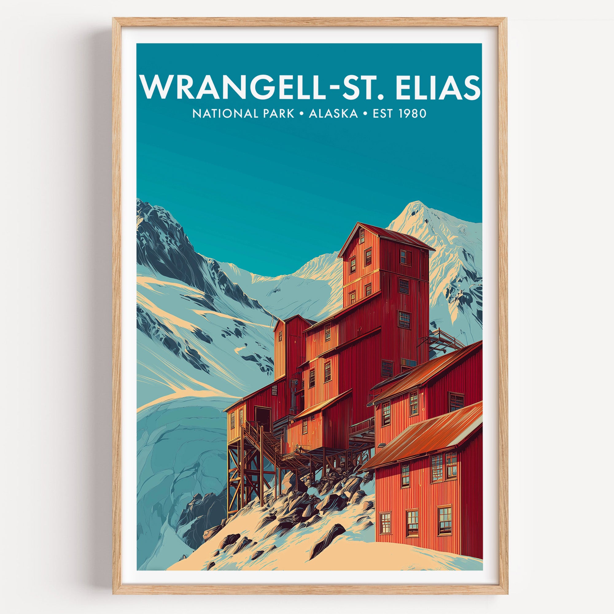 Wrangell–St. Elias National Park mid-century modern art print — the rust-red timber buildings of the Kennecott mill below glaciated peaks