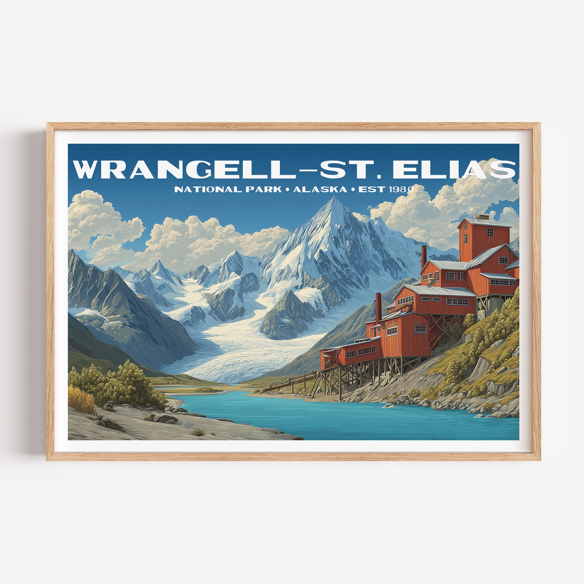 The red Kennecott mill buildings above a glacier below snow-capped peaks — Wrangell–St. Elias National Park vintage WPA travel poster print