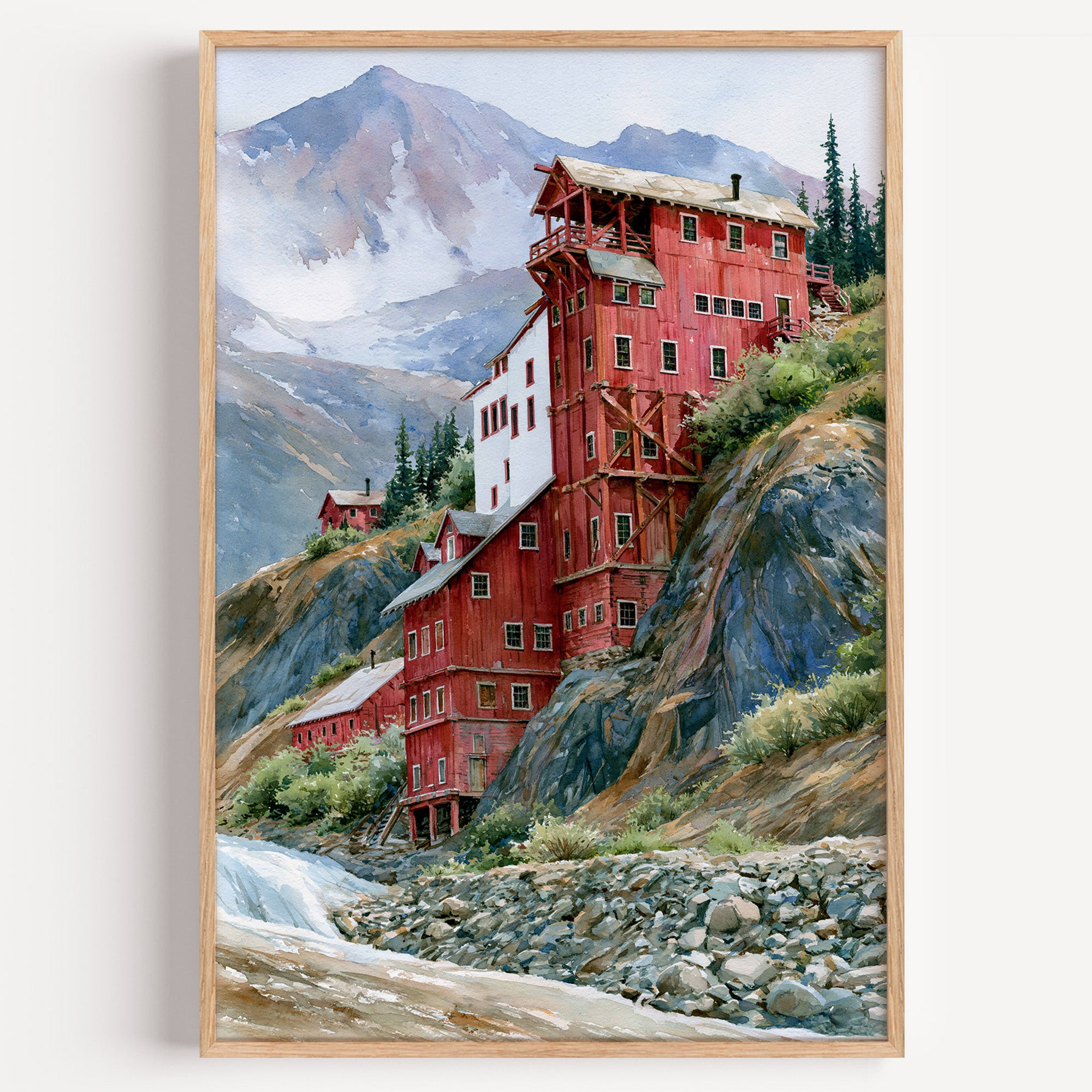 Wrangell-St. Elias National Park watercolor art print: red Kennecott mill building on a mountainside below snow peaks