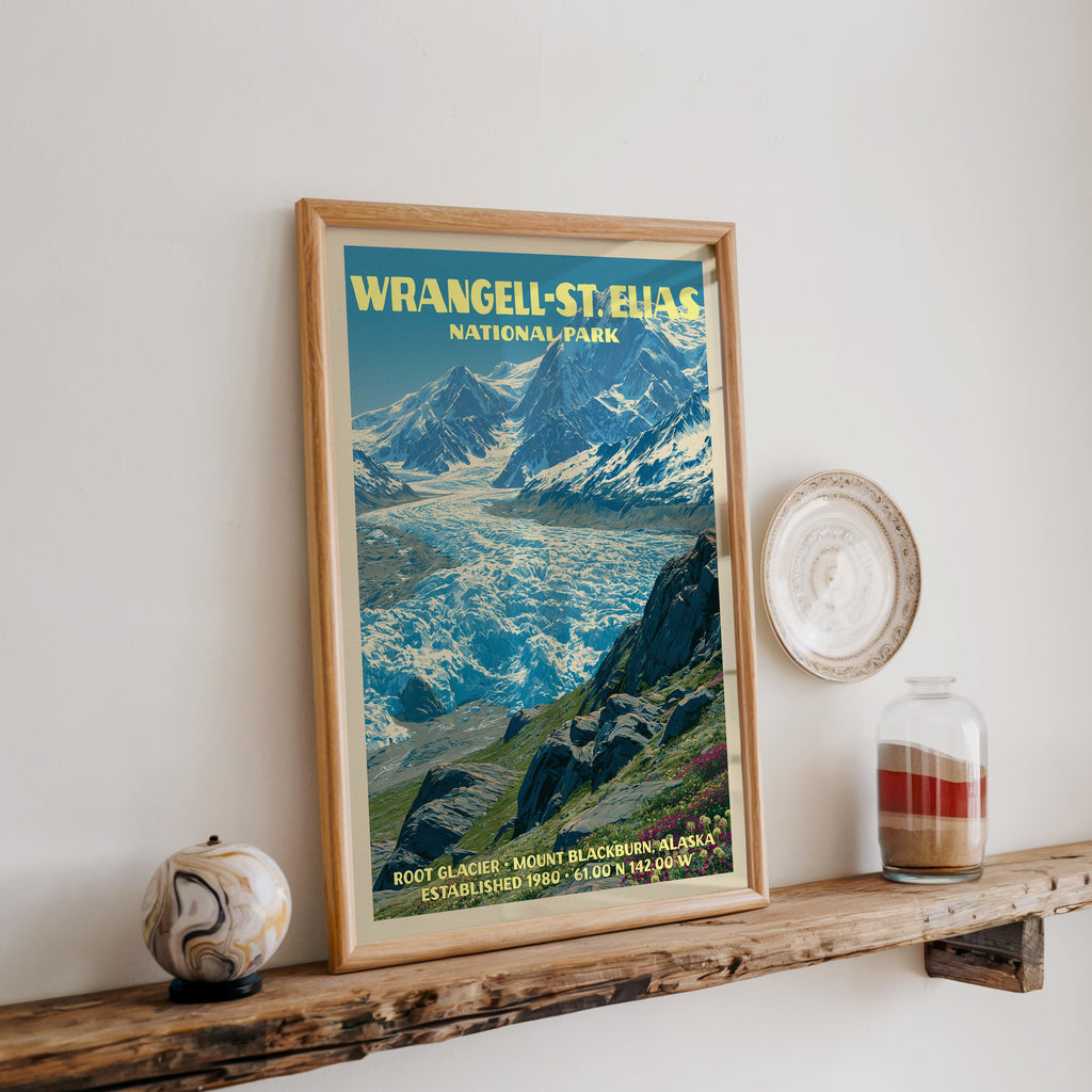 Root Glacier Alaska print in oak, leaning on a reclaimed wood ledge with a marbled sphere and sand jar