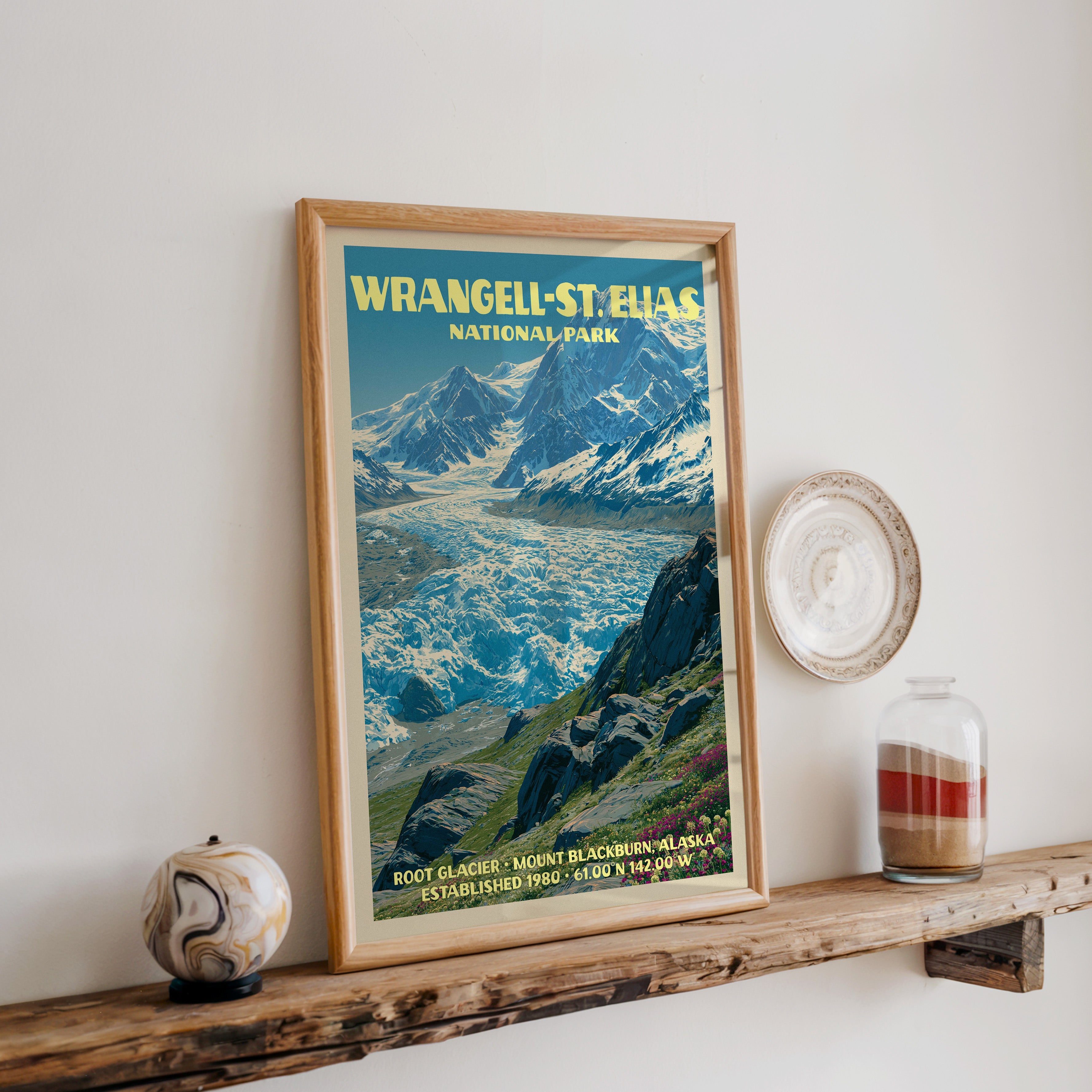 Root Glacier Alaska print in oak, leaning on a reclaimed wood ledge with a marbled sphere and sand jar