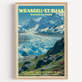 Root Glacier Wrangell–St. Elias vintage poster in a light oak frame on a plain white wall