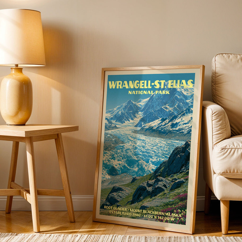 Root Glacier Alaska wall art in oak, leaning by a cream armchair and a side table with an ochre lamp