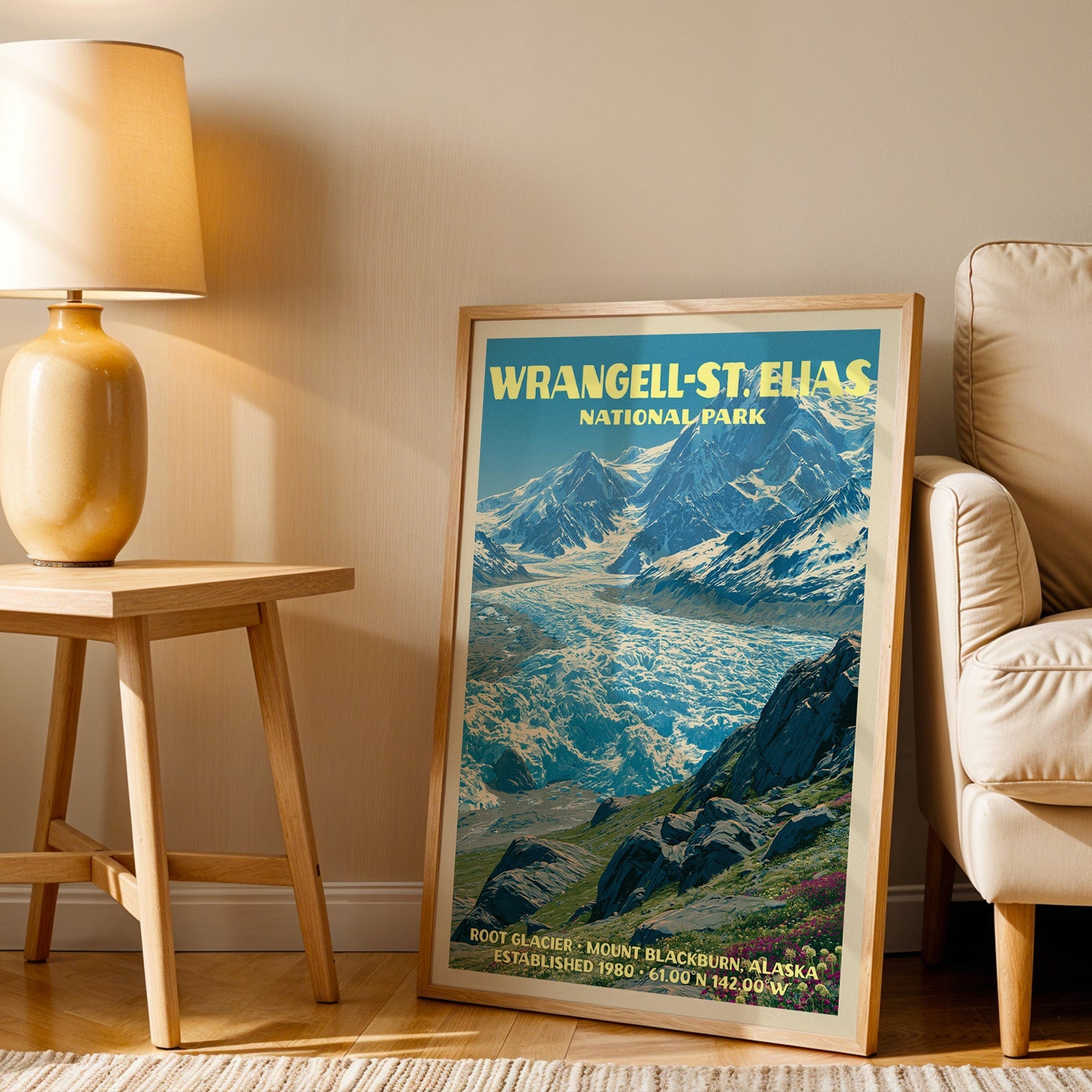 Root Glacier Alaska wall art in oak, leaning by a cream armchair and a side table with an ochre lamp