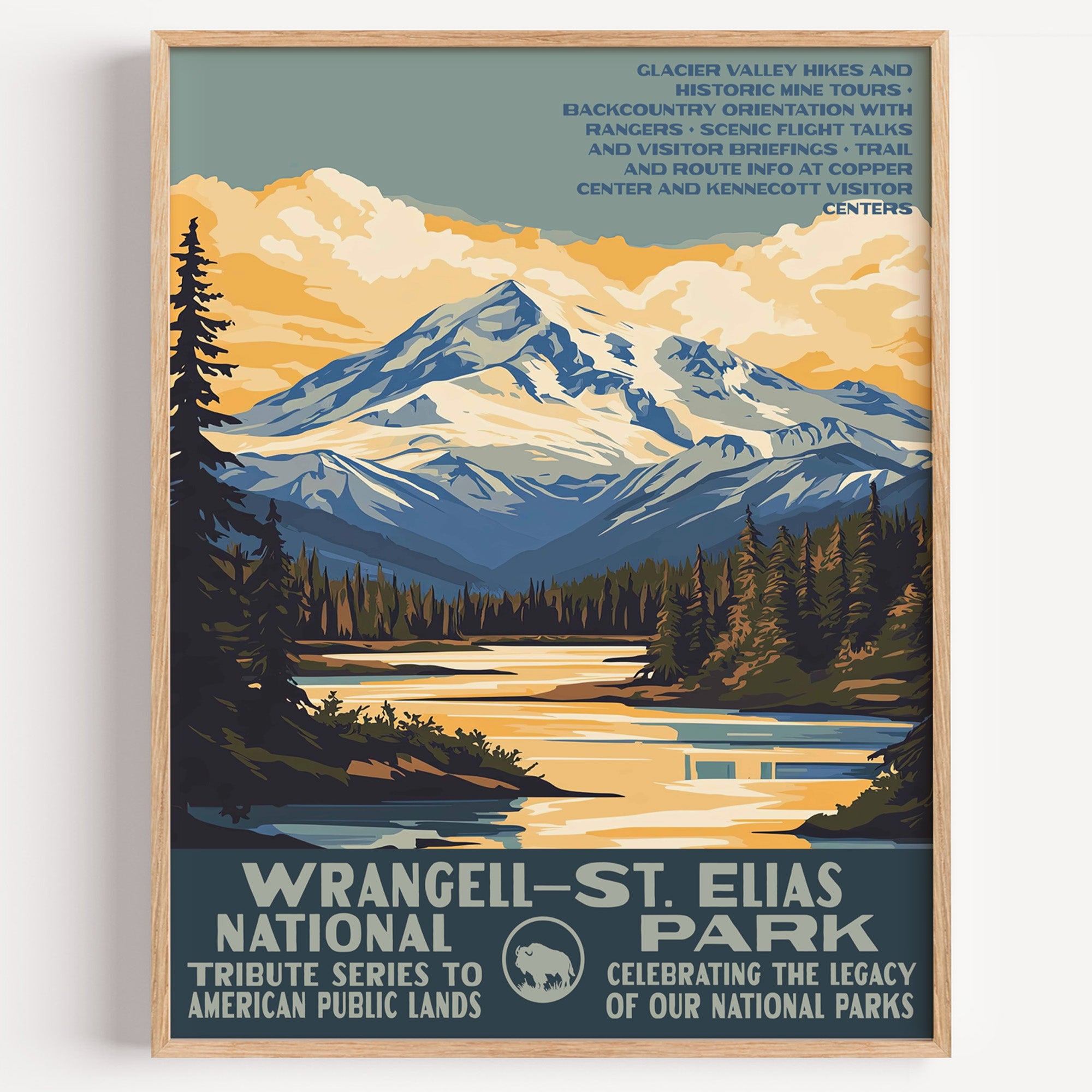 Wrangell–St. Elias National Park wall art print in a thin wood frame, snow-covered peaks above a lake and spruce forest