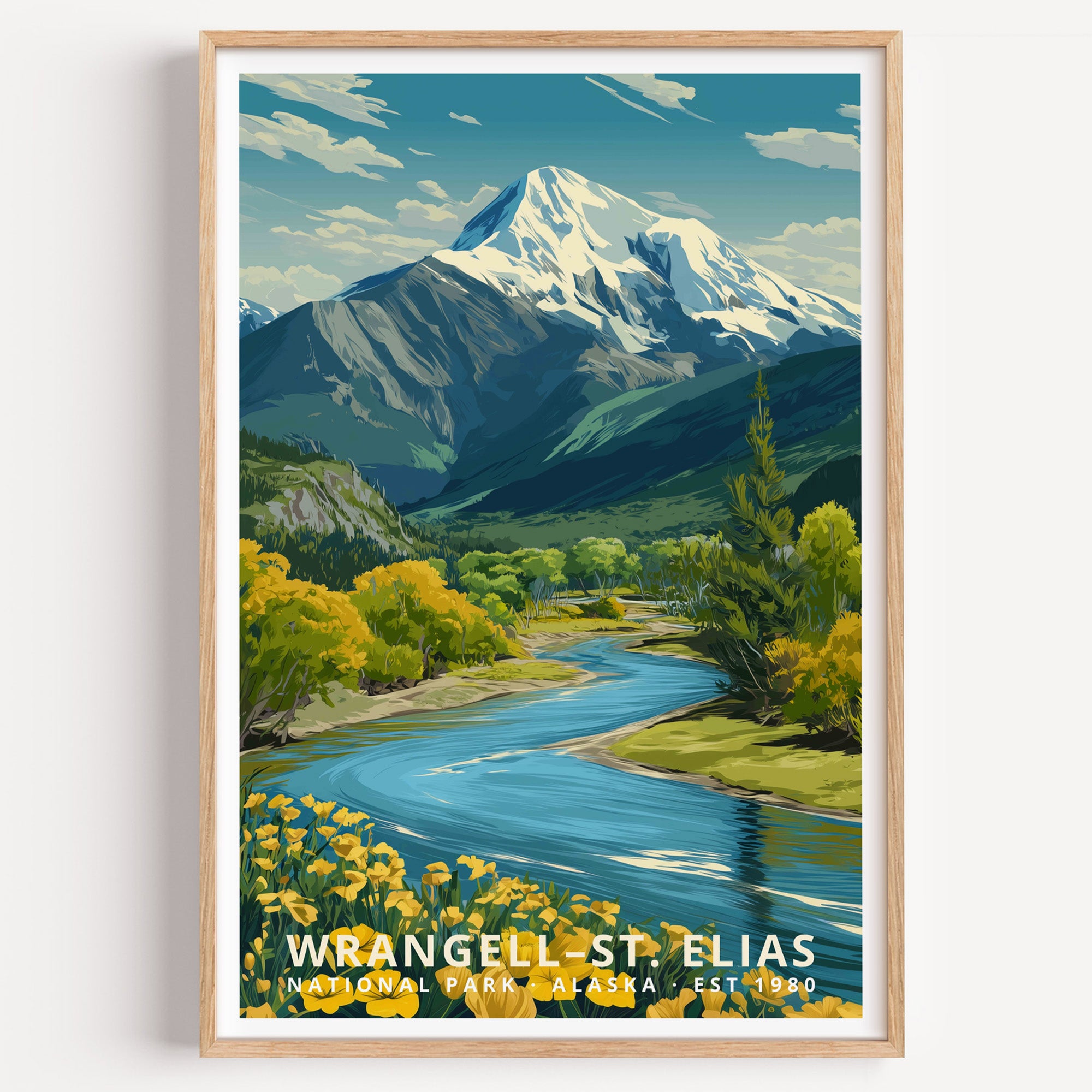 Wrangell–St. Elias National Park retro travel poster — a snow-capped volcano above a braided river and wildflower banks, Alaska