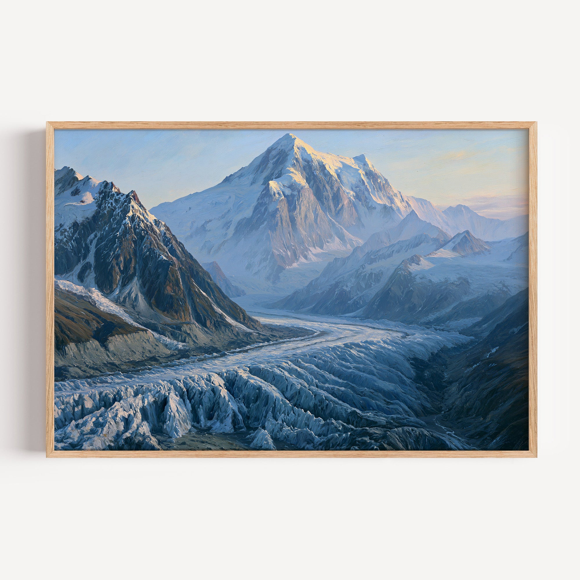 Wrangell-St. Elias classical oil painting print in an oak frame: a glacier below a snowy peak