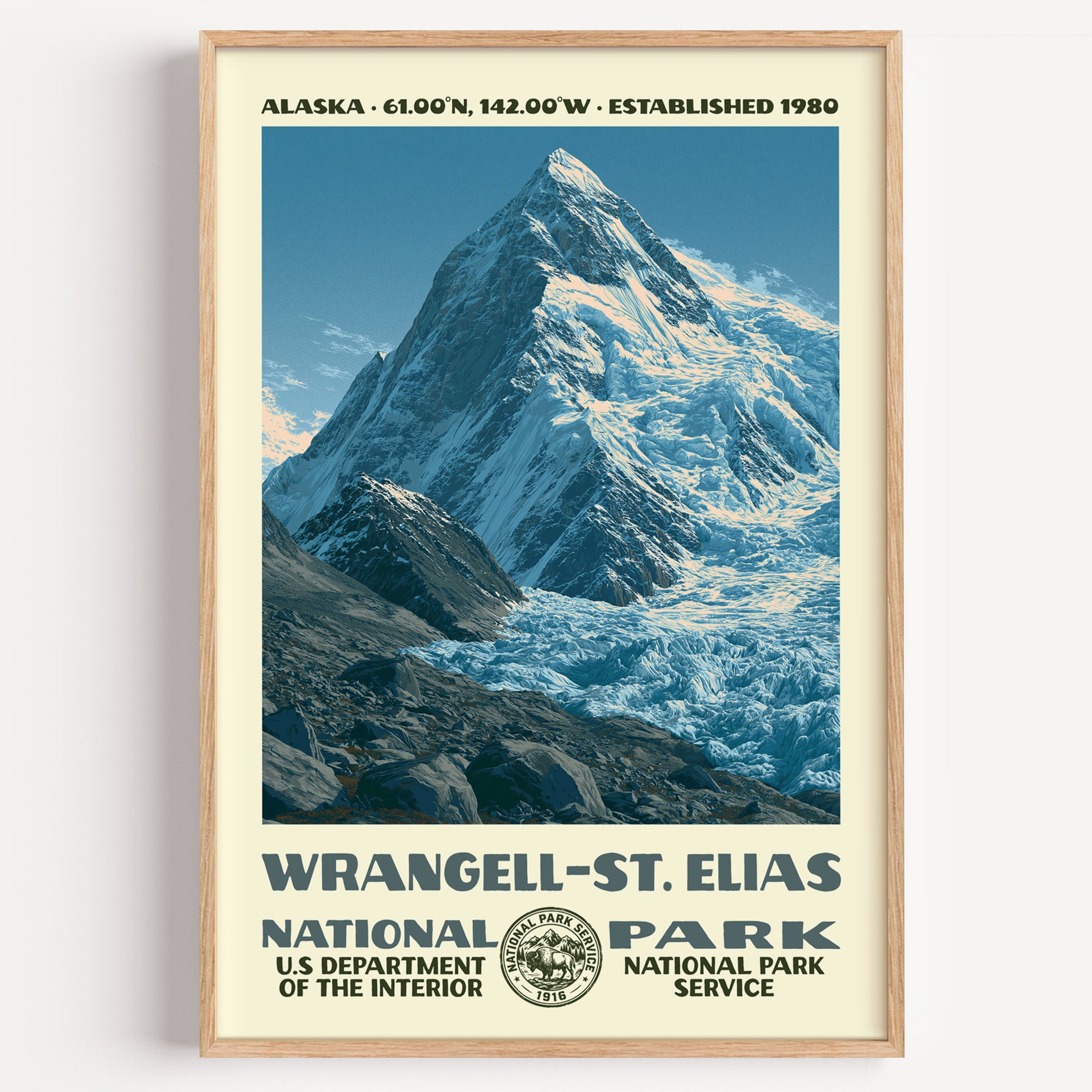 Wrangell–St. Elias National Park vintage WPA poster in a wood frame, an immense glaciated peak rising over an ice field