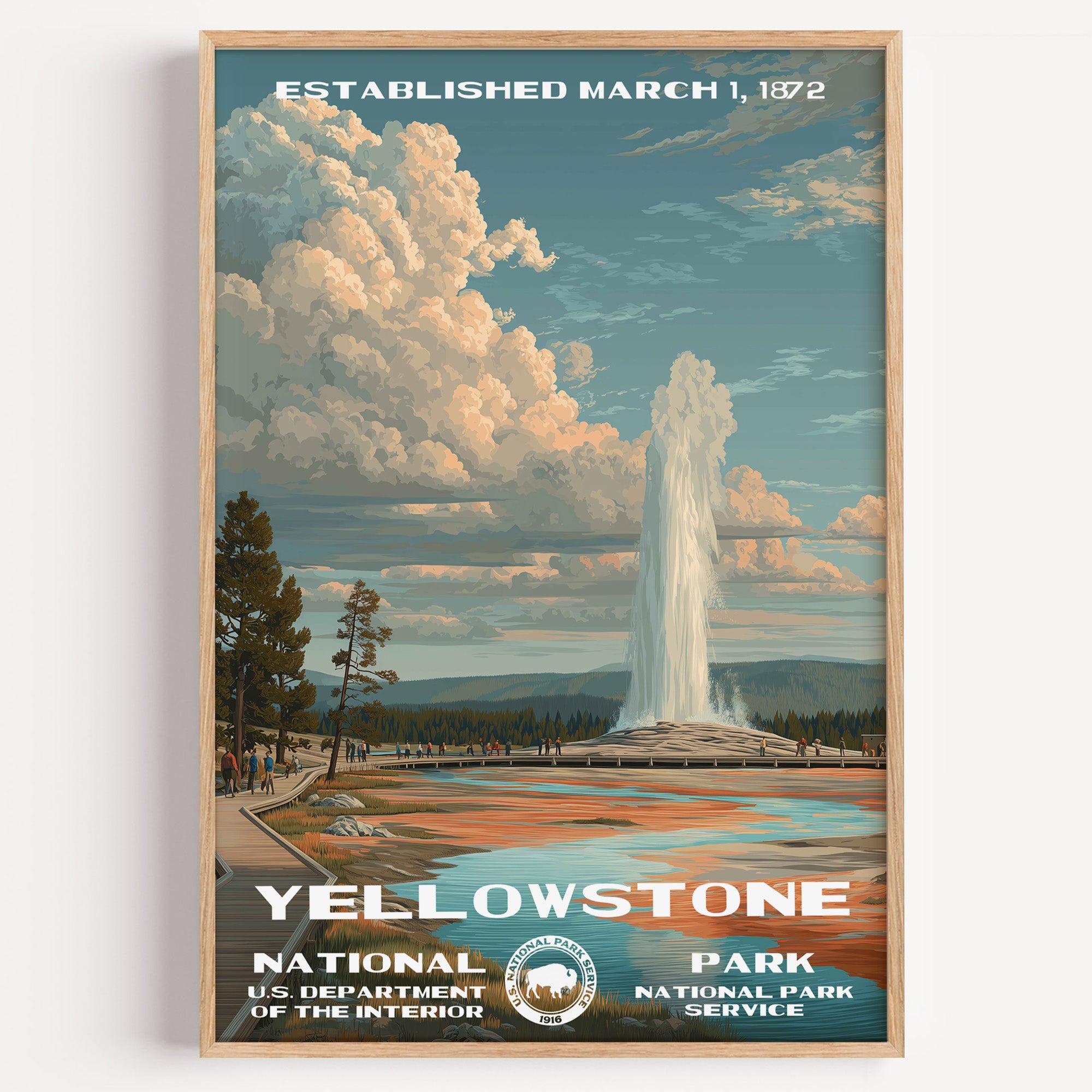 Yellowstone National Park vintage travel poster in a wood frame, Old Faithful erupting under a sky of towering clouds