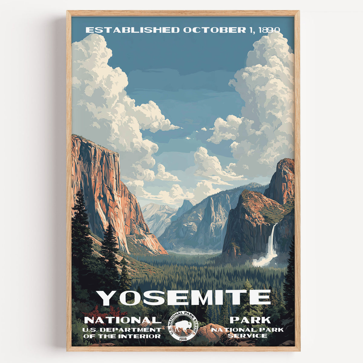 Yosemite National Park vintage travel poster in a wood frame, Yosemite Valley with El Capitan, Half Dome and Bridalveil Fall