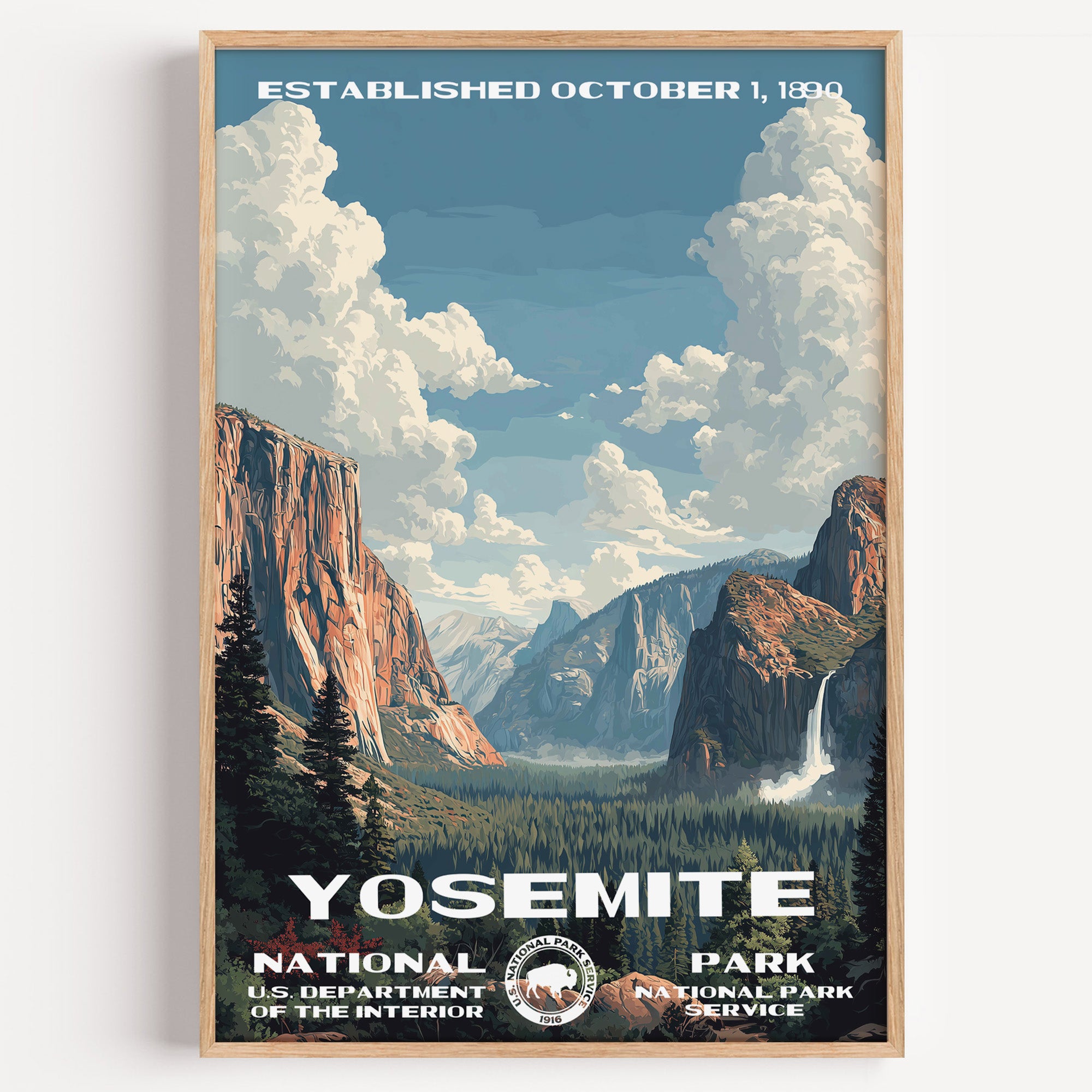 Yosemite National Park vintage travel poster in a wood frame, Yosemite Valley with El Capitan, Half Dome and Bridalveil Fall