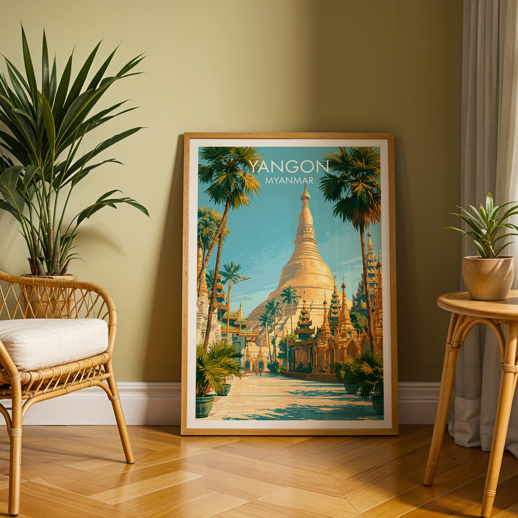 Large Yangon Myanmar travel print in an oak frame leaning on a herringbone floor next to a rattan chair