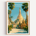 Yangon Myanmar travel poster in a natural wood frame, shown against a clean white wall