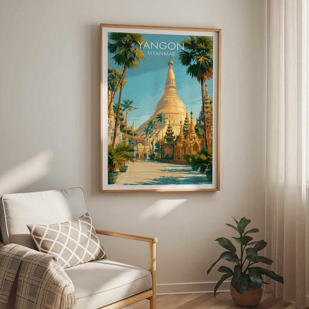 Yangon Myanmar travel print in a light oak frame on a living room wall beside a linen armchair