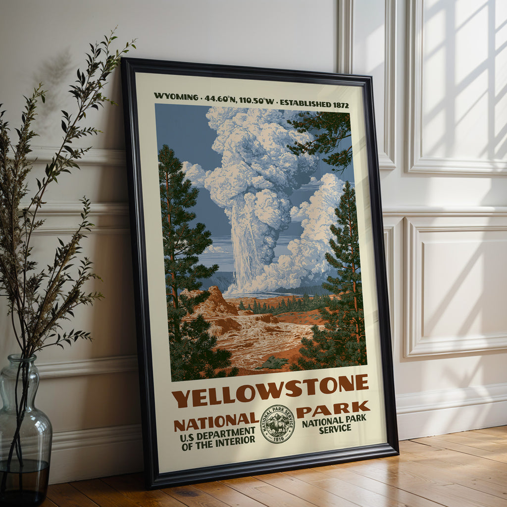 Large Yellowstone National Park WPA poster in a black frame leaning on a white panelled wall