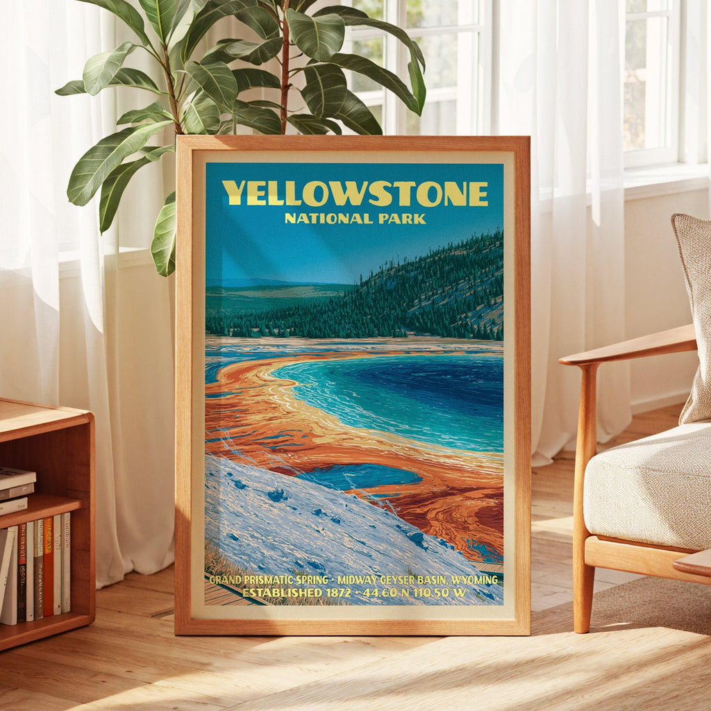 Yellowstone vintage poster in oak, leaning by a sunlit window with sheer curtains and a low bookshelf