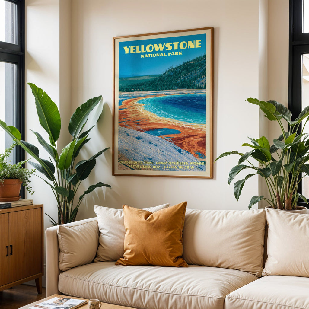 Yellowstone vintage travel print in oak above a cream sofa with a rust cushion and tall tropical plants