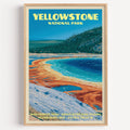Grand Prismatic Spring Yellowstone vintage poster in a light oak frame on a plain white wall