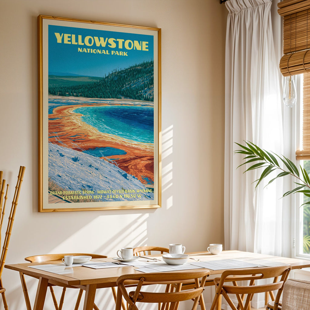 Yellowstone National Park print in gold above a light oak dining table by a sheer-curtained window