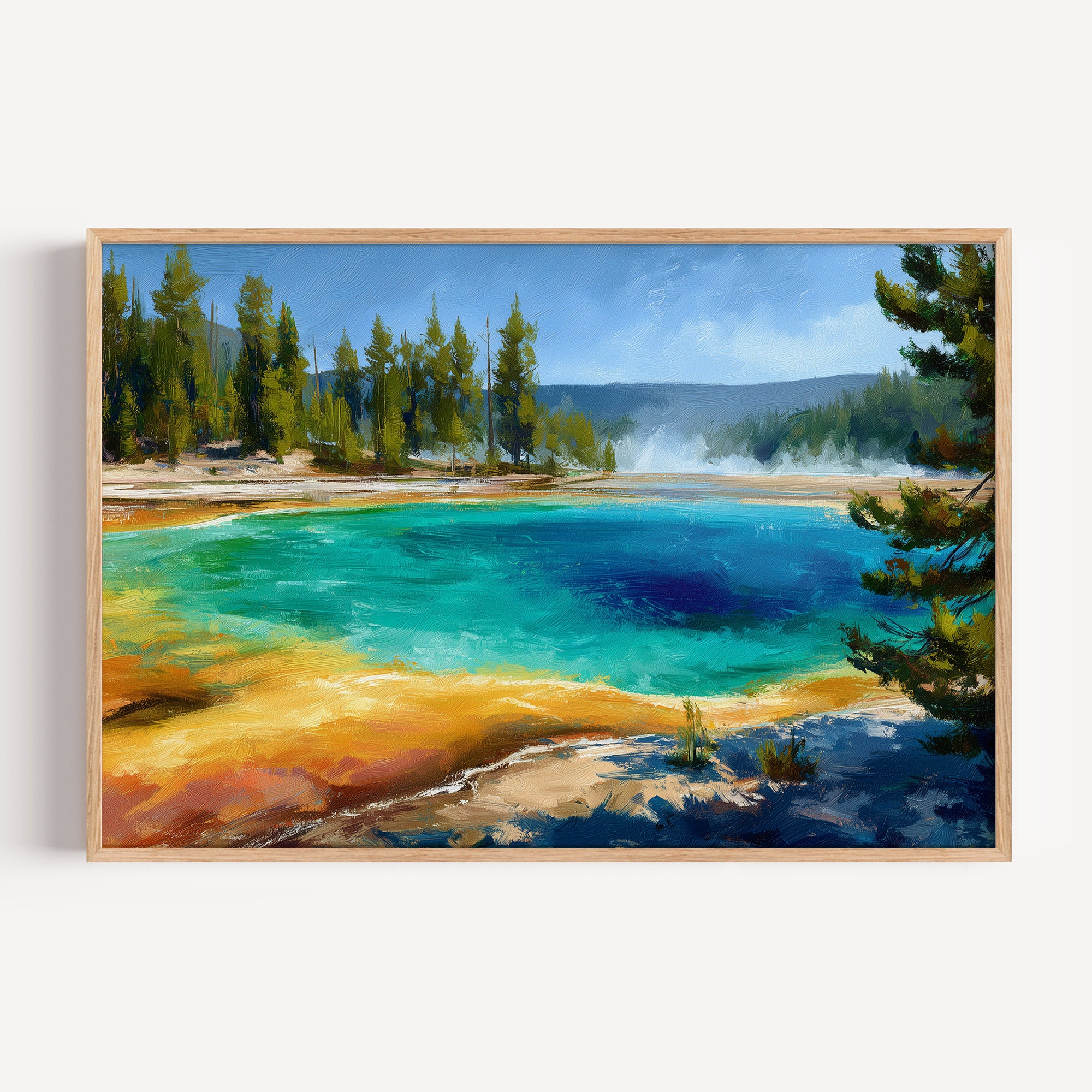 Yellowstone National Park oil painting print in an oak frame: the Grand Prismatic Spring