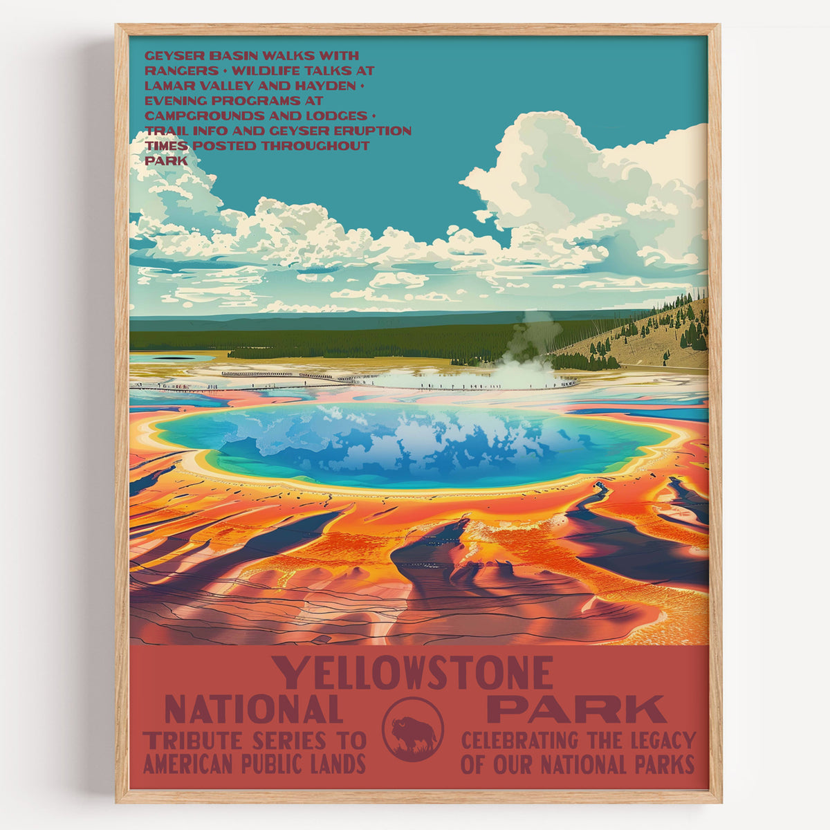 Yellowstone National Park wall art print in a thin wood frame, the rings of colour around Grand Prismatic Spring