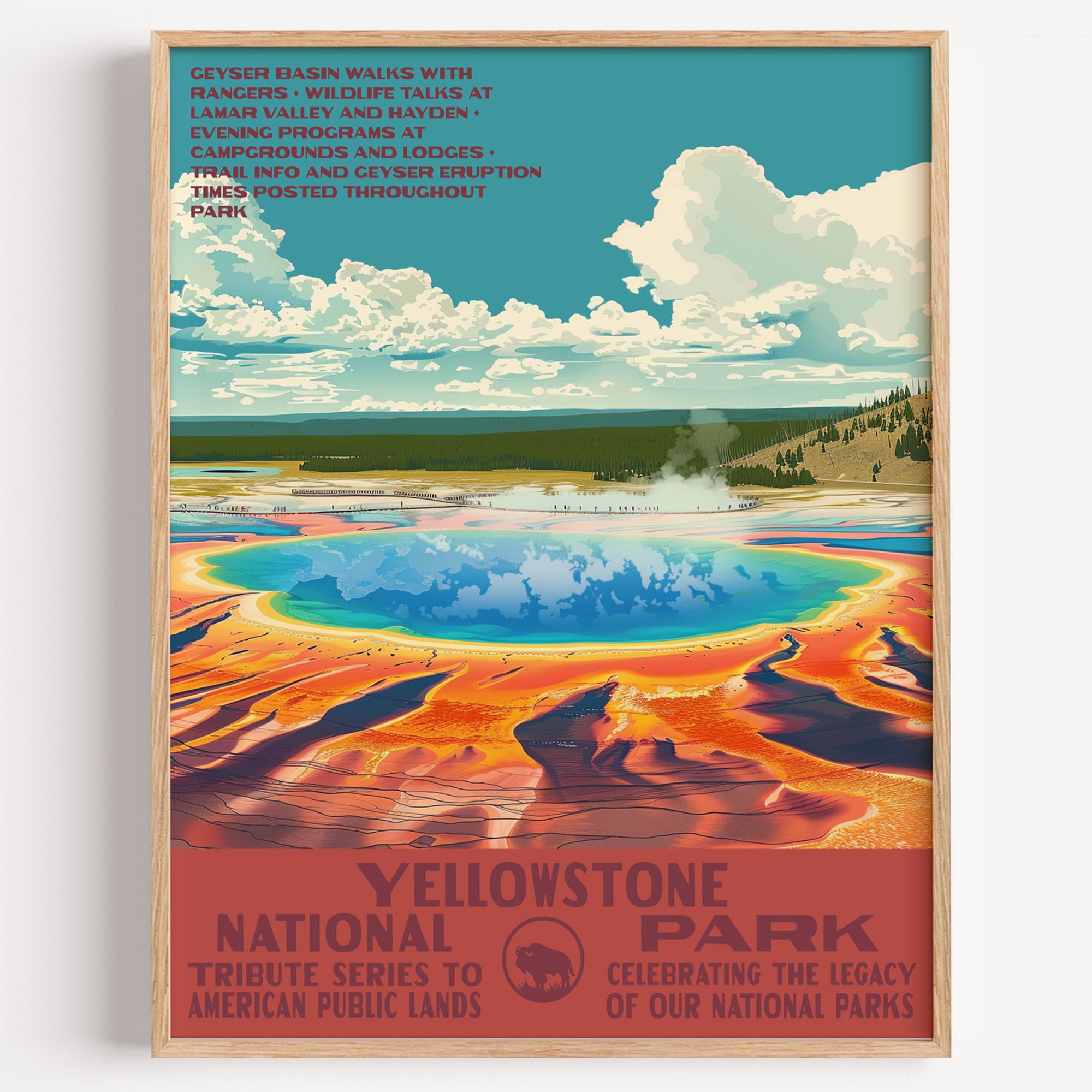 Yellowstone National Park wall art print in a thin wood frame, the rings of colour around Grand Prismatic Spring